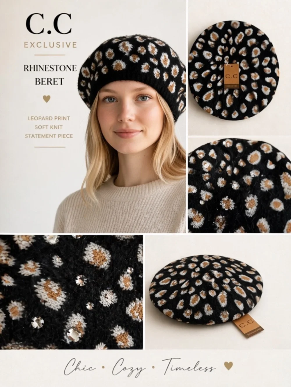C.C Exclusive Rhinestone Black Leopard Beret Hat Black Knit Chic Cozy Statement